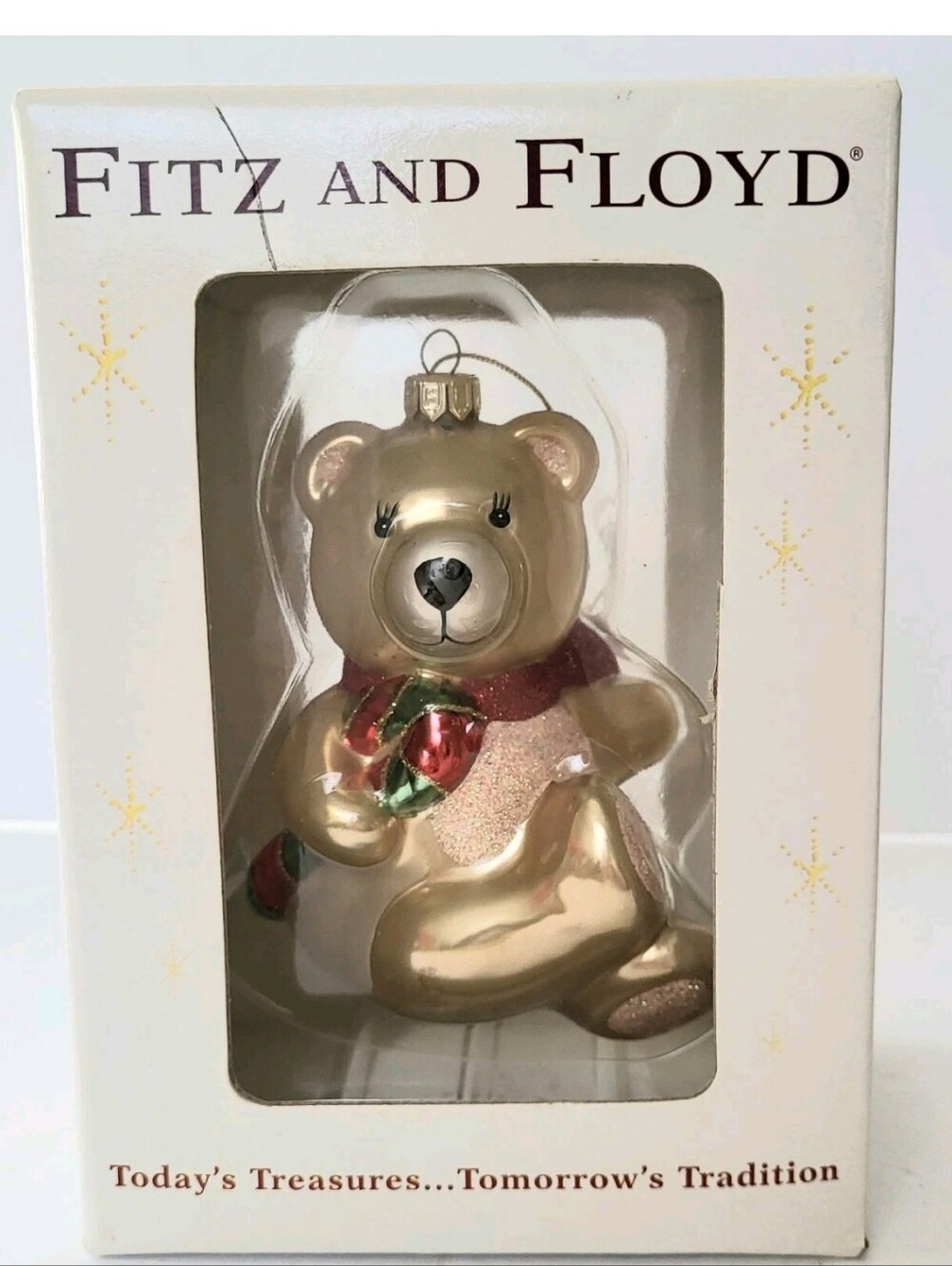 FITZ AND FLOYD TEDDY BEAR WITH CANDY CANE GLASS ORNAMENT  NIB